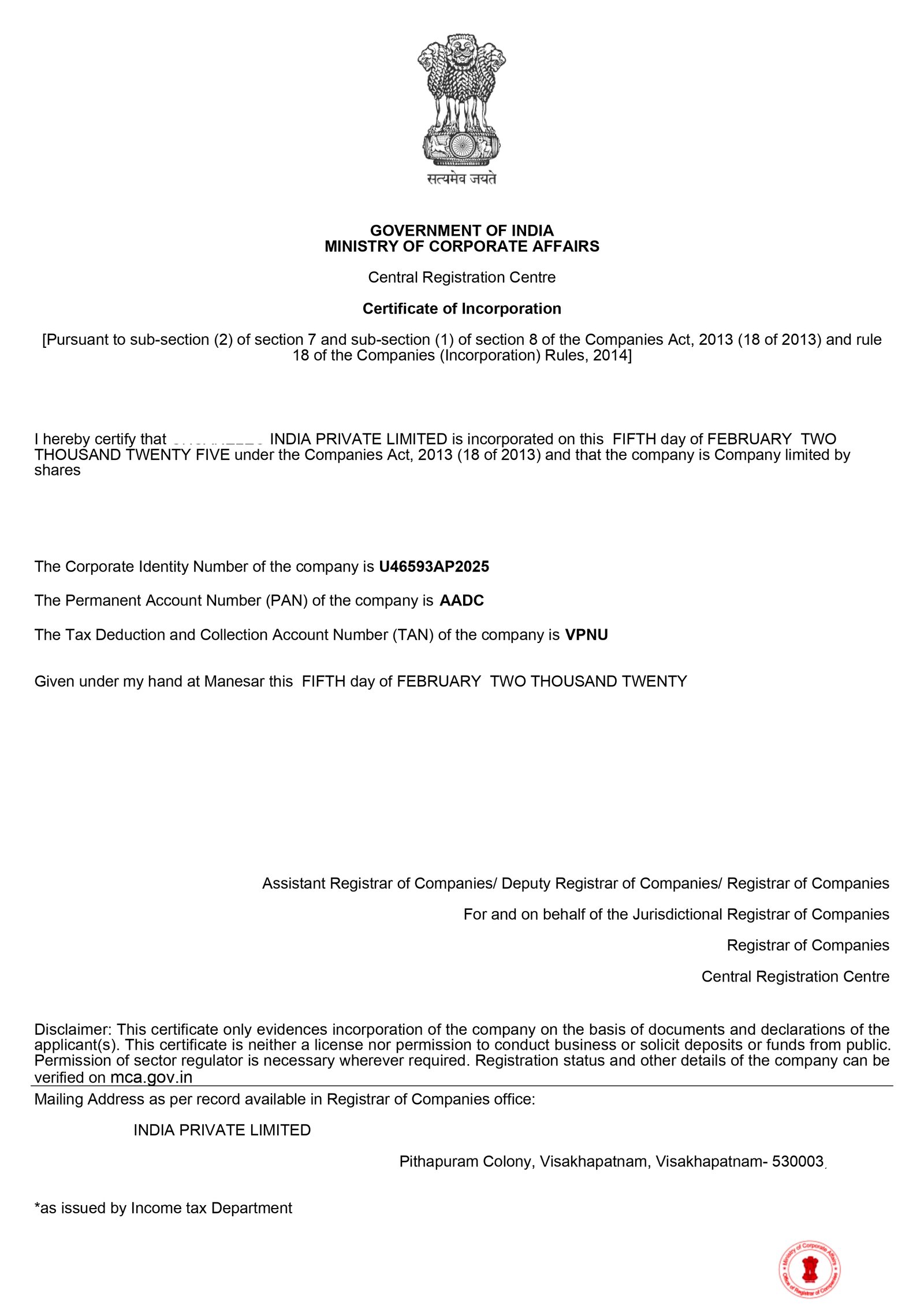 Sample Certificate of Incorporation for Foreign Subsidiary